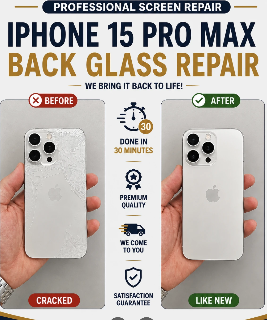 Before and after iPhone 15 Pro Max back glass repair