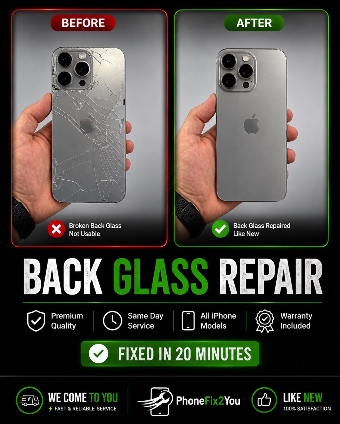 Before and after iPhone back glass repair