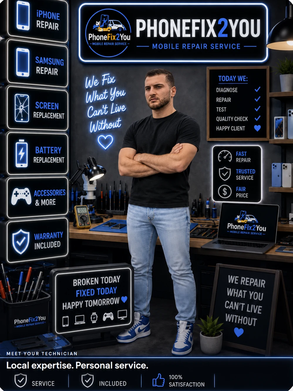 PhoneFix2You mobile repair specialist standing in his workshop