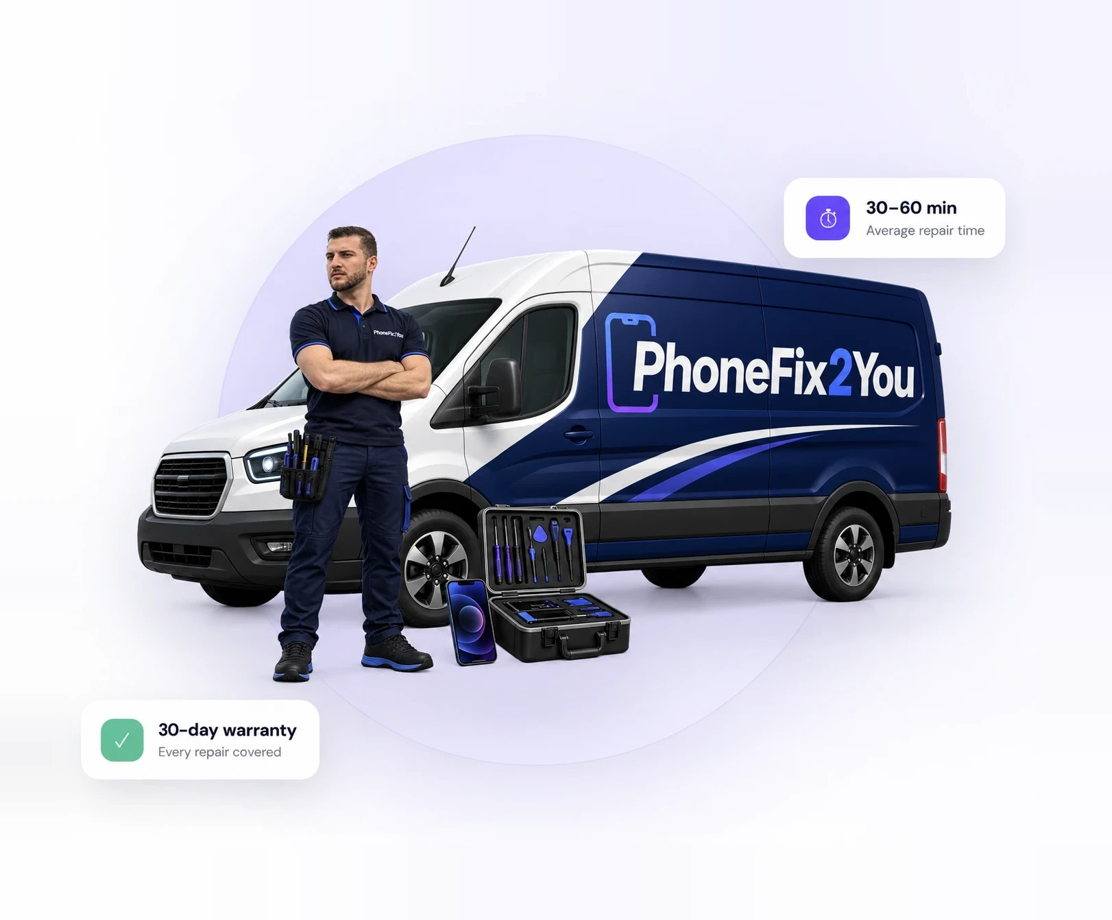 PhoneFix2You mobile phone repair technician next to a branded service van, with 30-60 minute average repair time and 30-day warranty