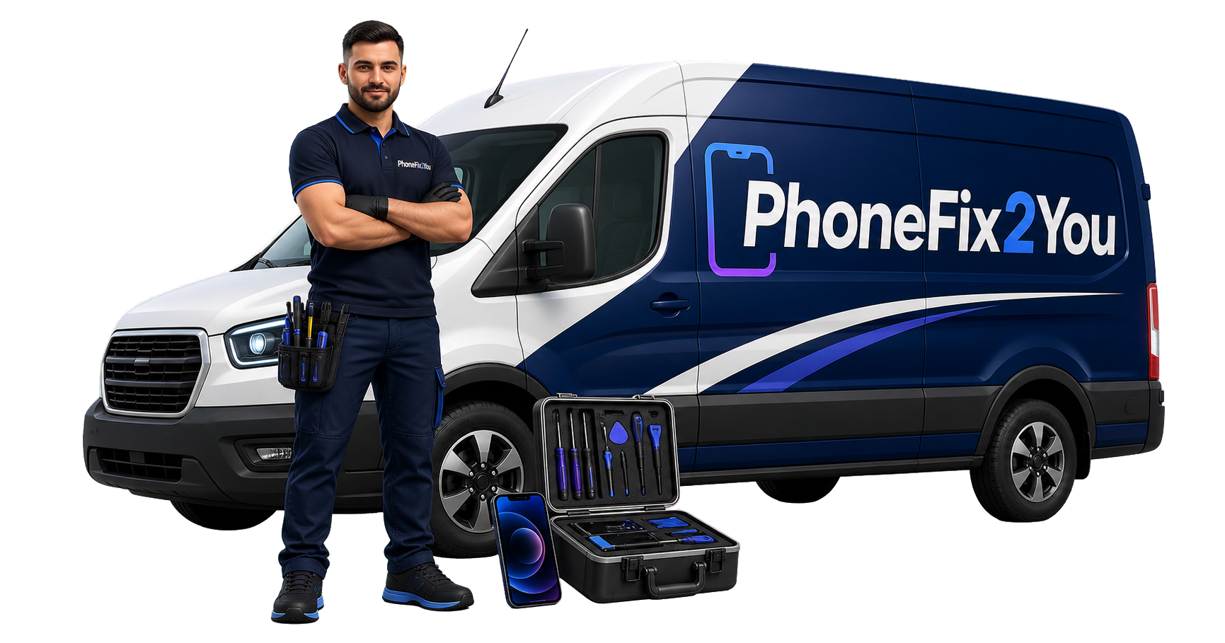 PhoneFix2You mobile phone repair technician next to a branded service van