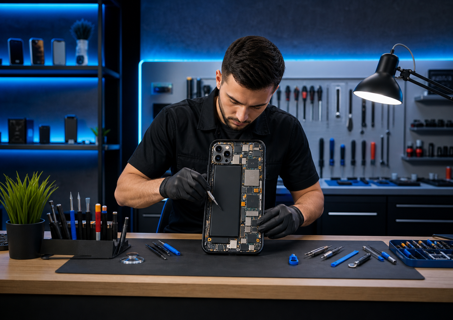 Male technician repairing a smartphone